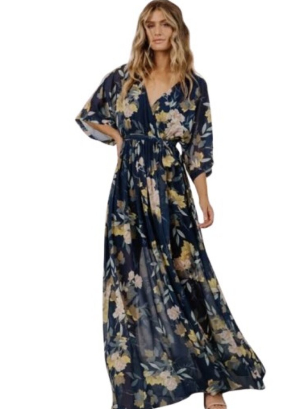 Baltic Born Kia Kimono Maxi Dress Navy Floral Size L V-Neck Side Slit Lined Belt